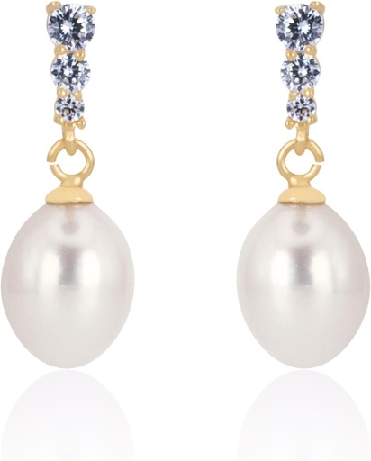 [BRSROGI6CF5WCG34] 18K Gold Plated Sterling Silver Dangle White Drop Handpicked Quality Freshwater Cultured Pearl Wedding Earrings with Cubic Zirconia Crystals Pearl Bridal Earrings Jewelry for Brides