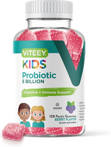 [BRSROYYBAQHRGFAZ] Viteey Probiotic Gummies for Kids - 5 Billion CFUs - Probiotics Kids Constipation Relief, Natural Immune & Digestive Health Support - Vegetarian, Gelatin Free, GMO Free - Tasty Berry Flavored Gummy