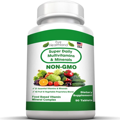 [BRSWIHAMA56RQHTI] Pure Heathland Non-GMO Super Daily Multivitamin for Adults – 42 Natural Fruits & Vegetables Blend with 21 Essential Vitamins & Minerals – Vegan Coating Tablets, 90 Count, Made in USA