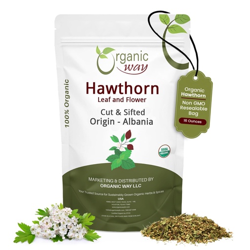 [BRSWYGI2AEIWEET5] Organic Way Hawthorn Leaf and Flower Cut & Sifted (Crataegus monogyna) - Herbal Tea | European Wild-Harvest | USDA & Kosher Certified | Non GMO & Gluten Free | Origin - Albania (16 Oz)