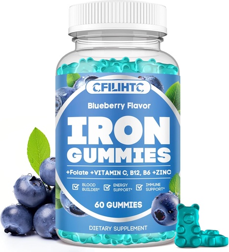 [BRSRAGQ5C4BGO3D6] Iron Gummies for Women & Men - Iron Supplement with Vitamin B6, B12, C, Zinc, Folate for Adults & Kids - Support Iron Deficiency, Anemia, Energy Boost, Blood Builder - Sugar Free Vegan 60ct Blueberry