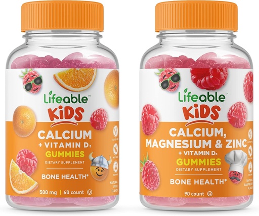 [BRSRMYIZA4JQ23TV] Calcium vital avec Vitamine D Kids + Calcium Magnésium & Zinc Kids, Gummies Bundle - Grande dégustation, supplément de vitamine, sans gluten, sans OGM, gummy à croquer