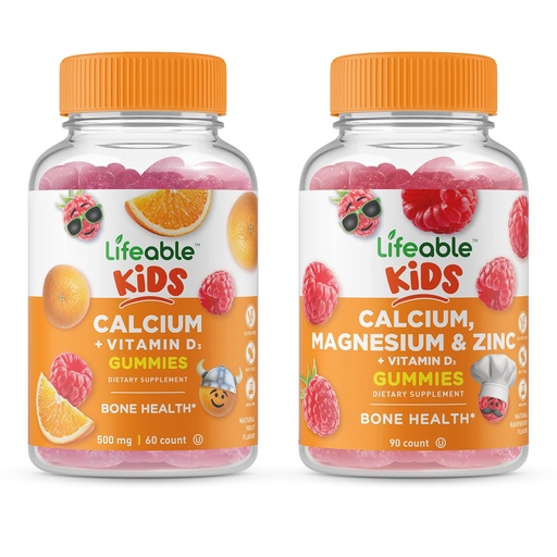 [BRSRMYIZA4JQ23TV] Lifeable Calcium with Vitamin D Kids + Calcium Magnesium & Zinc Kids, Gummies Bundle - Great Tasting, Vitamin Supplement, Gluten Free, GMO Free, Chewable Gummy