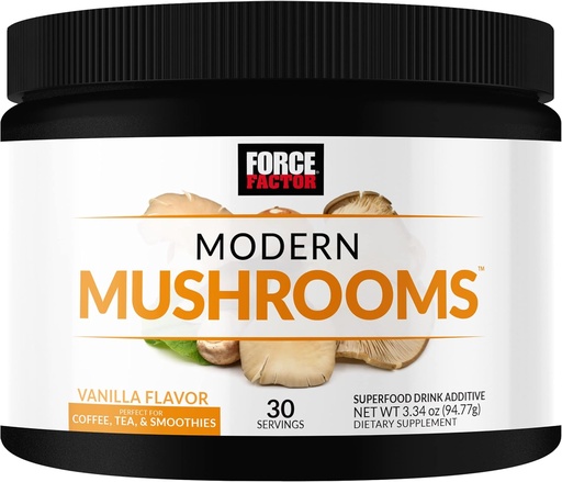 [BRSRMCQTPMMAAFI2] FORCE FACTOR Modern Mushrooms Powder, Mushroom Supplement with Lions Mane, Turkey Tail, &amp; Cordyceps to Support Energy, Focus, Immunity, " Digestion, Vanilla Flavor, 30 Servings