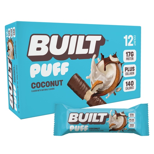 [BRSW2H3QOVYQ4GTA] BUILT Puff Protein Bars, Coconut, 17g Protein - 12 Count | Protein Snack Bar with Collagen, Calorie Conscious, Gluten Free
