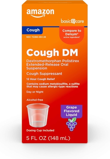 [BRSWYZINOAGRQYLB]   Basic Care 12 Hour Cough DM Syrup, Extended-Release Dextromethorphan, Grape Flavor Liquid Medicine, 5 fl oz (Pack of 1)