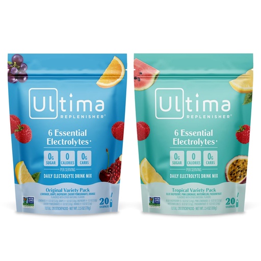 [BRSROZARA55AMHL2] Ultima Replenisher Daily Electrolyte Powder Drink Mix – Sugar Free – Tropical Variety and 5-Flavor Variety, 20 Stickpacks – Hydration Packets with 6 Electrolytes and Minerals – Keto, Non-GMO