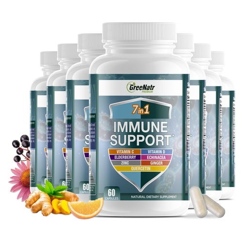 [BRSW2BD2BMBQK3D7] GreeNatr 7 in 1 Immune Support Supplement with Vitamin C, Vitamin D3, Zinc 50mg, Quercetin, Echinacea Purpurea, Sambucus Elderberry and Ginger for Complete Immune Defense - 60 Capsules (12 Bottles)