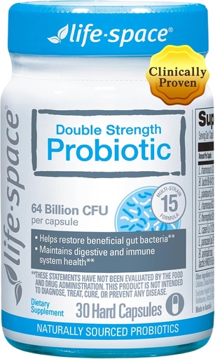 [BRSW2ZA7C4MRS2A4] Life-Space Double Strength Broad Spectrum Probiotic, 64 Billion CFU & 15 Diverse Strains, Redouble Formulated for Digestive Health & Immune Health, Probiotics for Women & Men - 30 Veg Capsules
