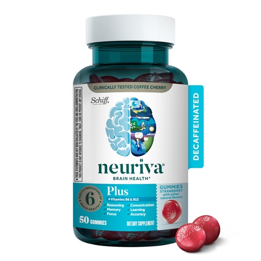 [BRSWYZAKA4BAKGQV] NEURIVA Plus Decaff Nootropic Brain Supplement for Memory, Focus & Concentration & Cognitive Function, Clinically Tested NeuroFactor, Phosphat, Vitamins B6 B12, 50ct Strawberry Gummies (Pack of 1)