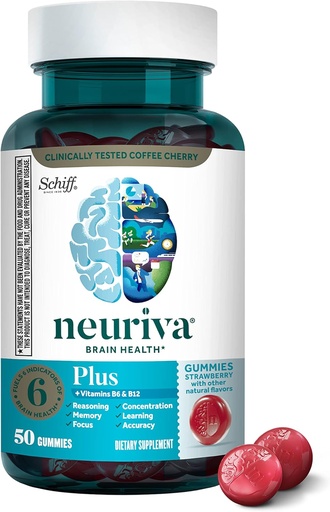 [BRSWYZAKA4BAKGQV] Suplemento cerebral NEURIVA Plus para memoria, concentración+ función cognitiva con vitaminas B6 &amp; B12 y test clínico Phosphatidylserine y Neurofactor, 50ct Gummies de Fresa