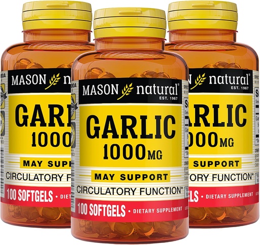 [BRSWIF3QBYGWCELG] Aceite de ajo NATURAL MASON 1000 mg, 300, Softgels de suministro de día, soporta la función circulatoria normal, 3 Pack