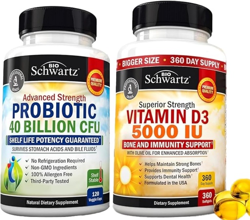 [BRSRAAAOBENRMCTD] High Strength Vitamin D3 5000 IU 125 mcg (1 Year Supply) Plus 40 Billion CFU Daily Probiotic Supplement (2 Month Supply)