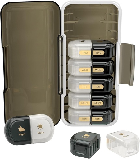 [BRSROFIROZYBO3IZ] Weekly Pill Organizer 2 Times a Day, Moisture-Proof, Detachable Compartments, AM PM Pill Box 2X 7 Day, Travel Pill Organizer for Pills/Fish Oil/Medication/Vitamin/Supplements (Black + White)