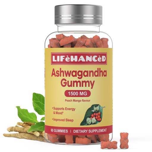 [BRSRAFAYOIBW2AI4] Ashwagandha Gummies, LAB Tested, 60 Count,1500mg,3% Withanolides,Peach Mango Flavour, Ideal Supplement for Your Entire Family.
