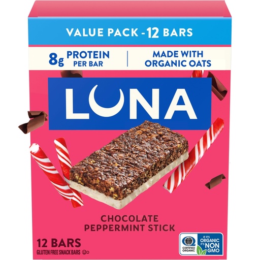[BRSROZAPBZ4AEG35] LUNA Bar - Chocolate Peppermint Stick Flavor - Gluten Free Snack Bars - Non-GMO - Protein Bars - Made with Organic Oats - Value Pack (12 Pack)