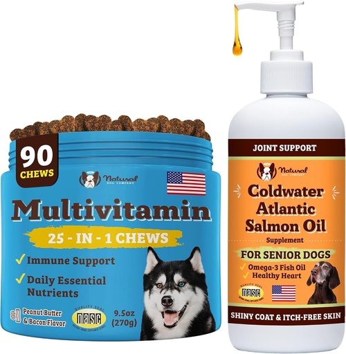 [BRSROA35OICR6GTG] Natural Dog Company Multivitamin Chews & Coldwater Atlantic Salmon Oil Bundle – 고급 면역 지원, 관절 관리 및 노인 개를위한인지 건강 – 완벽한 일일 보충, 90 Chews + 16oz Oi