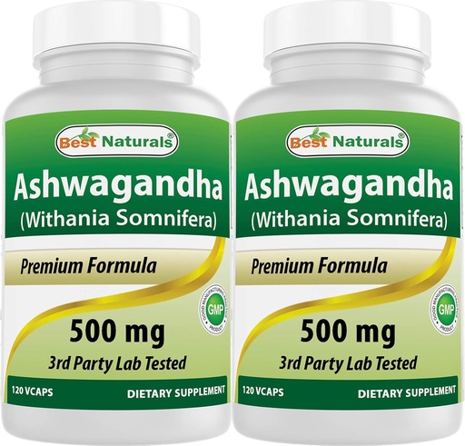 [BRSWGAYOOAHGCCDF] Best Naturals 2 Pack Ashwagandha Capsules for Relaxing Stress and Mood, 500 mg, 120 Count (Total 240 Capsules)