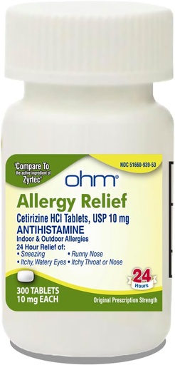[BRSRMZQPOYGQ4GYV] Ohm 24 Hour Antihistanine Cetirizine HCl 10 mg 片,300 count – 全身过敏缓解痒眼, Runny Nose, Hay Fever, Pollen, 以及室内和室外过敏症