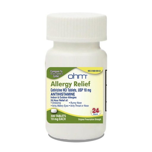 [BRSRMZQPOYGQ4GYV] Ohm 24-Hour Antihistamine Cetirizine HCl 10 mg Tablets, 300 Count – All-Day Allergy Relief for Itchy Eyes, Runny Nose, Hay Fever, Pollen, and Indoor & Outdoor Allergies