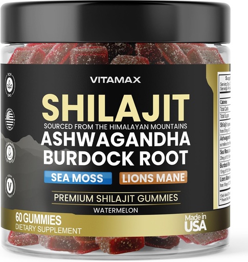 [BRSRA2Y6DMAQGA36] Organic Shilajit Gummies, Sea Moss, Ashwagandha, 105 + Trace Minerals - Organic Burdock Root & Lions Mane Mushroom - Watermelon Flavor - Vegan & Non- GMO - Made in USA - 60ct