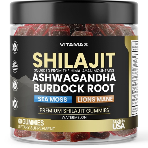 [BRSRA2Y6DMAQGA36] Pure Shilajit Gummies, Sea Moss, Ashwagandha, 105+ Trace Minerals – Organic Burdock Root & Lions Mane Mushroom – Watermelon Flavor - Vegan & Non-GMO – Made in USA – 60ct