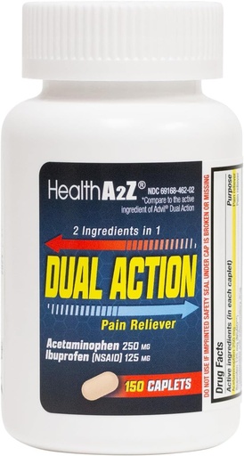 [BRSROCDYCEOWAC3L] HealthA2Z® Double Action Pain Relief | Acetaminophen 250mg & Ibuprofen (NSAID) 125 מ"ג | מכיל שתי תרופות | הקלה מכאב ראש, Fever & Backache (150 Caplets)