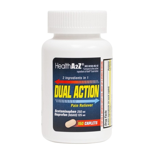 [BRSROCDYCEOWAC3L] HealthA2Z® Dual Action Pain Relief | Acetaminophen 250mg & Ibuprofen (NSAID) 125mg | Contains Two Medicines | Relief from Headache, Fever & Backache (150 Caplets)