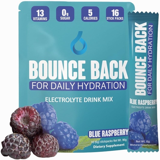 [BRSRAZI5DN7BEETZ] Bounce Back Daily Hydration - 13 viktiga vitaminer, Zero Sugar Electrolyte Packets - 5 kalorier, organisk - Keto och Intermittent Friendly | 0 Net Carbs (16 Pack, Blue Raspberry)