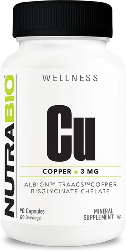 [BRSW2ATYCJ7WY23D] NutraBio Chelated Copper Bisglycinate Supplement (3mg), Immune Support - Copper Supplement- 90 Capsules
