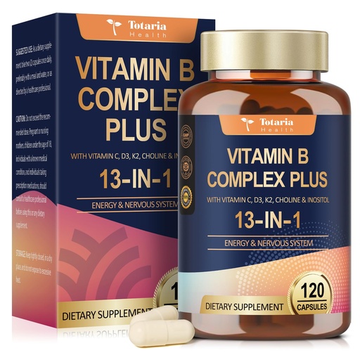 [BRSROCAFB4OQO3Q3] 13-in-1 Vitamin B Complex Plus with Vitamin B1, B2, B3 (Niacinamide), B4, B5, B6, B7 (Biotin), B8 (Inositol), B9 (Folate), B12, C, D3, K2 - Energy, Nerve, Immune, Skin Support - 120 Vegan Capsules