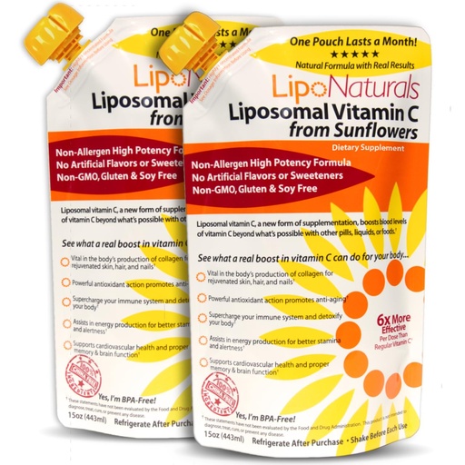[BRSWIH3ZOQNAEC3Y] Lipo Naturals Liposomal Vitamin C 1000mg Liquid (2-Pack 60 Doses) - Natural Formula Immunity + Energy Support - Vegan, China-Free (15oz / 443ml ea.)