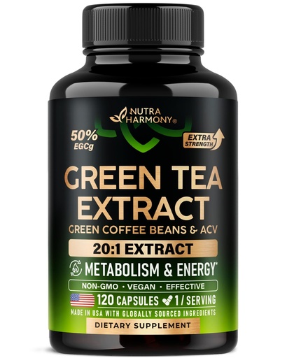 [BRSRAAQYCUNGY236] Green Tea Extract - 50% EGCG, Extra Strength 20:1 Extract - Natural Green Tea Supplement + Green Coffee Beans & Apple Cider Vinegar - Energy & Metabolism Support - for Men & Women - Vegan 120 Capsules