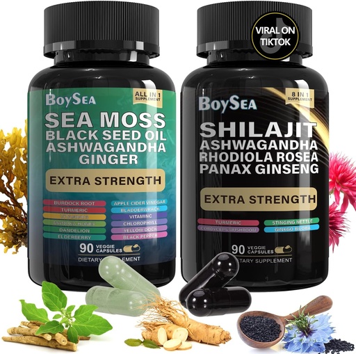 [BRSROCDRCMIQOELB] Бойси. Shilajit and Sea Moss Bundle-90 Count - Sea Moss, Black Seed Oil, Ashwagandha, Ginger & Shilajit, Rhodiola Rosea, All in 1 Supplements (1 Pc)
