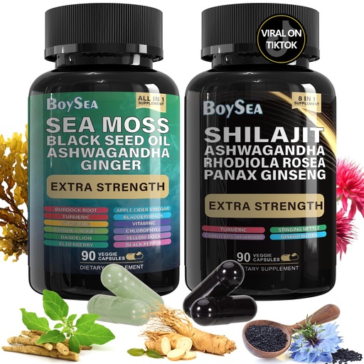 [BRSROCDRCMIQOELB] Boysea.Shilajit and Sea Moss Bundle- 90 Count - Sea Moss, Black Seed Oil, Ashwagandha, Ginger & Shilajit, Rhodiola Rosea, All in 1 Supplements (1 Pc)