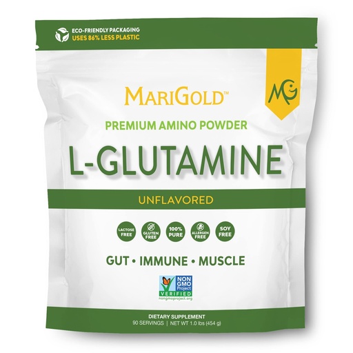 [BRSW2ADYPMPAKYL3] MariGold Pure Unflavored L-Glutamine Powder - Healthy Gut, Immune, and Muscle Support, Non-GMO, Gluten Free, Soy & Allergen Free (5g / 5000mg per Serving)