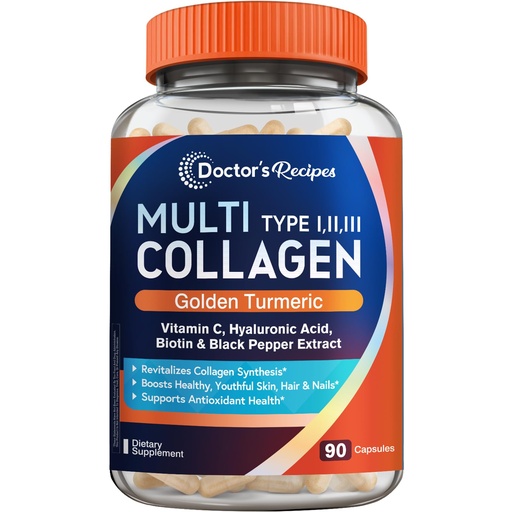 [BRSWYEL6OUPAK3DU] Doctor's Recipes Multi Collagen Peptides with Golden Turmeric, Vitamin C, Biotin, Hyaluronic Acid & Black Pepper, Collagen Supplements for Skin, Hair, Nail, Collagen for Women and Men, 90 Caps