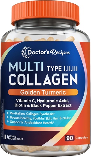 [BRSWYEL6OUPAK3DU] Lægens opskrifter Multi Collagen Peptider med gyldne gurkemeje, C-vitamin, biotin, hyaluronsyre & sort pepper, Collagen Kosttilskud til hud, hår, negle, Collagen til kvinder og mænd, 90 Caps