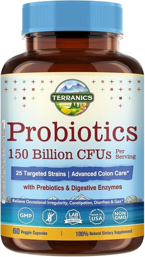 [BRSW2AYQCAFR4CT7] Terranics Daily Probiotics for Men & Women, 150 Billion 25 Strains Colon Care Probiotics, with Prebiotics & Enzymes, Healthy Regularity, Delayed Release, Shelf Stable, 60 Veggie Caps