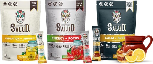[BRSROAD3CEBAO3TH] Salud multiety 3-Pack 2-in-1 Hydration + Immunity (Pineapple), Ein + Focus (Strawberry Watermelon) & Bình tĩnh + Sleen (Lon Honey) – 15 Phục vụ mỗi, Non-GMO, Gluten Free, Calonie thấp, 1g Sugar