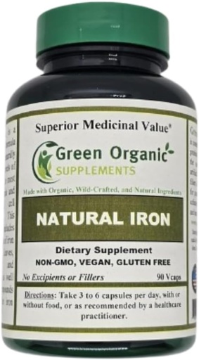 [BRSWGBAFBYBBUFA7] (Pack of 1) Green Organic Supplements' Iron, 2000mg Organic Iron Capsules, 90, Hand Made, Vegan, Non-GMO, & Gluten Free Natural Iron Capsules