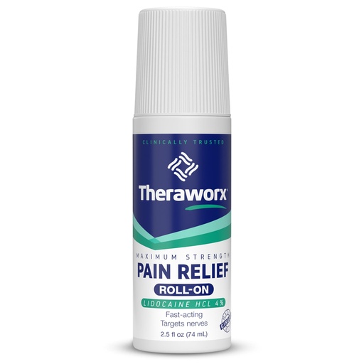[BRSROAYNA4NBSDTJ] Theraworx Maximum Strength Pain Relief Lidocaine Roll-On - 2.5oz - 1 Count | Maximum Strength Pain Relief, Made with 4% Lidocaine for Targeted, long-lasting relief. Paraben-free, no mess or strong odor.