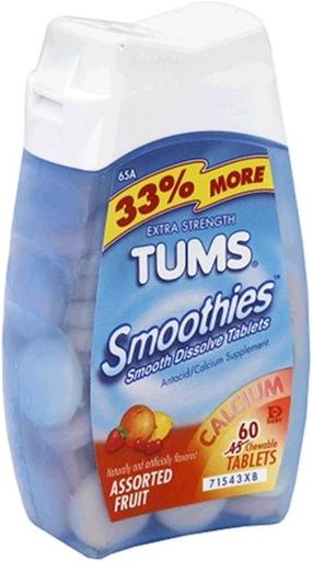 [BRSWIYQ3CYDQIGYZ] TUMS Smoothie extra erő válogatott gyümölcs antacid rágótabletta 60 szám
