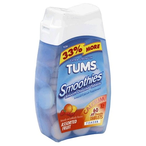[BRSWIYQ3CYDQIGYZ] TUMS Smoothies Extra Strength Assorted Fruit Antacid Chewable Tablets 60 count