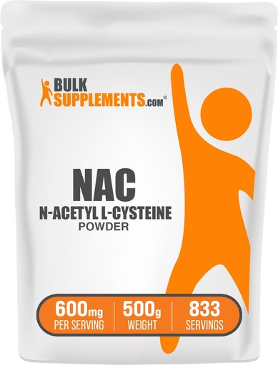 [BRSWIFDRBMHG2D3I] BulkSupplements.com NAC Powder - N-Acetyl Cysteine 600mg, NAC Supplement - Antioxidant Support, Gluten Free - 600mg per Serving, 833 Servings, 500g 1.1 lbs (Pack of 1)