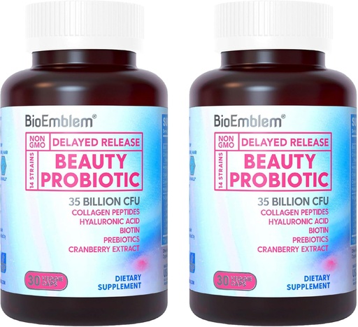 [BRSRM2QKOUCRUCLA] BioEmblem Beauty Probiotics for Women, 35 Billion CFU 14 Strains with Biotin, Collagen, Prebiotics for Digestive Health, Hair Skin and Nails, Vaginal Probiotics Supplement, Shelf Stable, 60 Caps