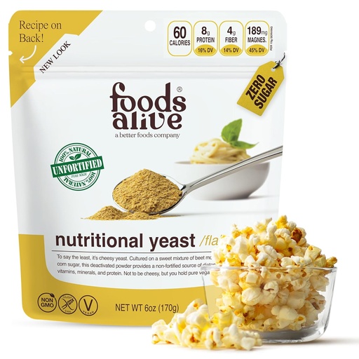 [BRSWIZI4DF6BQCDK] Foods Alive Non-Fortified Premium Nutritional Yeast Flakes, 6 ounce Unfortified vegan cheese powder seasoning