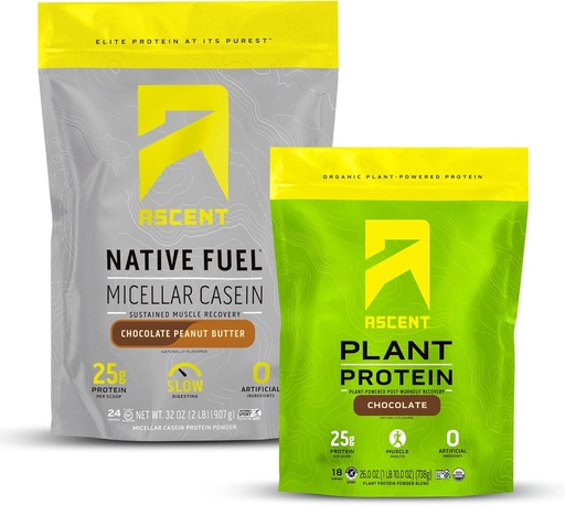 [BRSROFICB4FQAGQ4] Ascent Casein Protein Powder Chocolate Peanut Butter 2 lb & Plant Protein Powder Chocolate 18 Servings