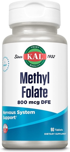 [BRSWIGY4C5YAKYAZ] KAL Metyl Folate 800 mcg DFE, 5- MTHF Active Form Witamina B9, Folic Acid Supplement, Heart Health, Prenatal, Mood and Brain Support, Szybkie rozpuszczanie ActivTab, 60- Day Guarantee, 90 Servings, 90 Tablets