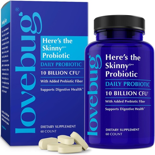 [BRSWGAQTBABBMYDV] LOVEBUG Here's The Skinny | Helps with Constipation, Gas, Bloat & Digestive Upset | Multi-Strain Probiotics 10 Billion CFU, 60 Count
